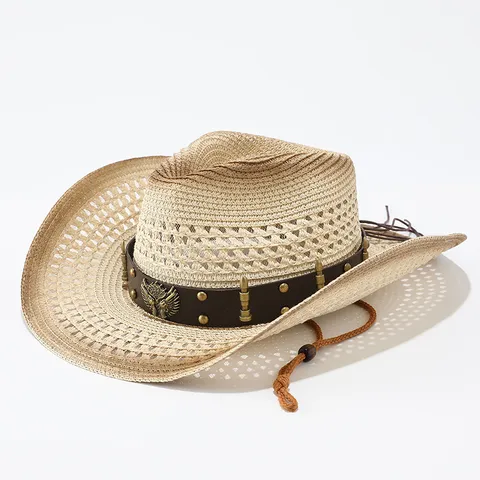 Cappello da Cowboy Occidentale in Paglia Traforato per Uomo Donna Tesa Larga Protezione Solare Traspirante Cappello da Spiaggia Vintage con Fascia in Pelle
