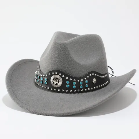 Western Cowboy Fedora Hut Für Herren Damen Breite Krempe Polyester Filz Jazz Hut Mit Strass Stern Nieten Lederband Retro Hut