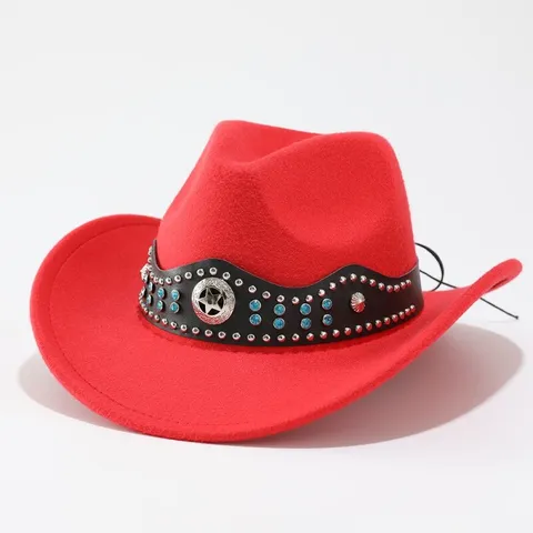 Western Cowboy Fedora Hut Für Herren Damen Breite Krempe Polyester Filz Jazz Hut Mit Strass Stern Nieten Lederband Retro Hut