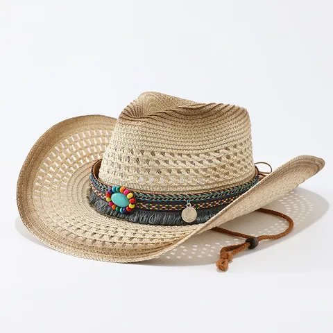 Western Cowboy Straw Hat Women Men Summer Sunshade Jazz Hat Boho Bead Tassel Decor Beach Sun Hat Breathable Straw Weave Wide Brim Hat