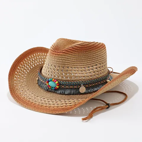 Western Cowboy Straw Hat Women Men Summer Sunshade Jazz Hat Boho Bead Tassel Decor Beach Sun Hat Breathable Straw Weave Wide Brim Hat