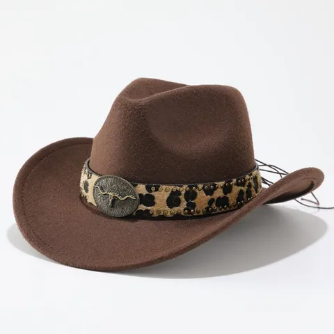 Vintage Western Cowboy Hat Fedora Hat With Leopard Print Band And Metal Bull Buckle Unisex Fashion Sun Hat For Adults