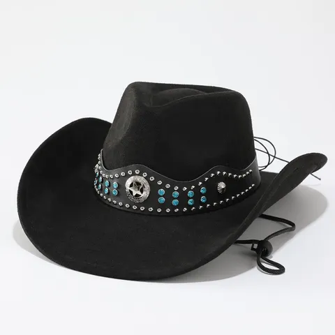 Men Women Western Cowboy Hat Wide Brim Retro Jazz Cap PU Leather Sun Protection Hat With Rhinestone Chain Travel Outdoor Hat