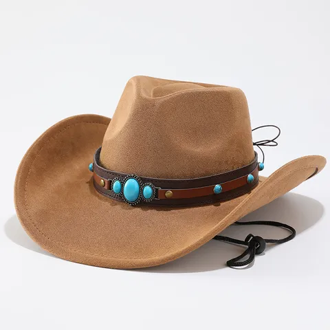 Cappello da Cowboy Western Vintage Uomo Donna Finto Camoscio Jazz Fedora Tesa Larga Curva Cappello Parasole Con Cinturino in Pelle
