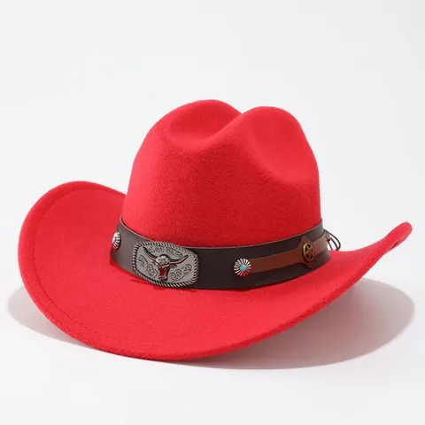 Western Ethnic Polyester Cowboy Hat For Adults Wide Brim Fedora With Bull Head Buckle Turquoise Leather Band Retro Jazz Hat