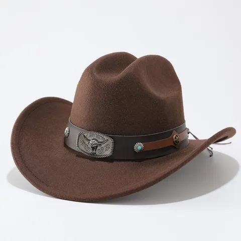 Western Ethnic Polyester Cowboy Hat For Adults Wide Brim Fedora With Bull Head Buckle Turquoise Leather Band Retro Jazz Hat