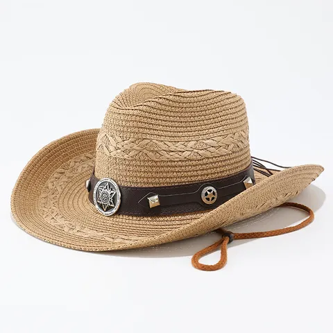 Cappello da Cowboy Western in Paglia Vintage Per Uomo Donna Tesa Larga Protezione Solare Cappello Jazz Con Cintura in Pelle
