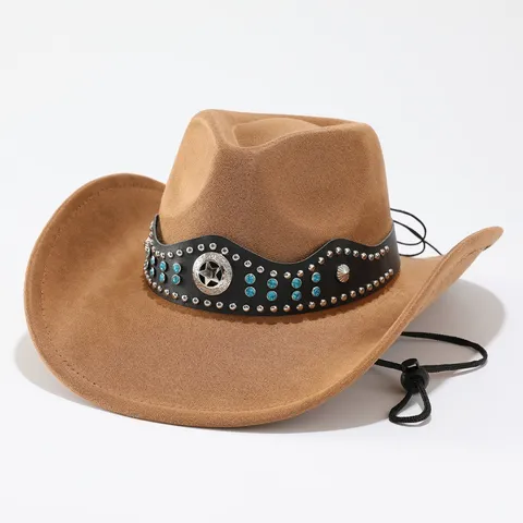 Men Women Western Cowboy Hat Wide Brim Retro Jazz Cap PU Leather Sun Protection Hat With Rhinestone Chain Travel Outdoor Hat