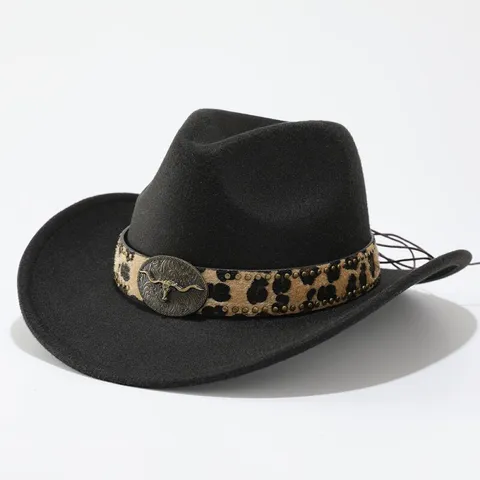 Vintage Western Cowboy Hat Fedora Hat With Leopard Print Band And Metal Bull Buckle Unisex Fashion Sun Hat For Adults