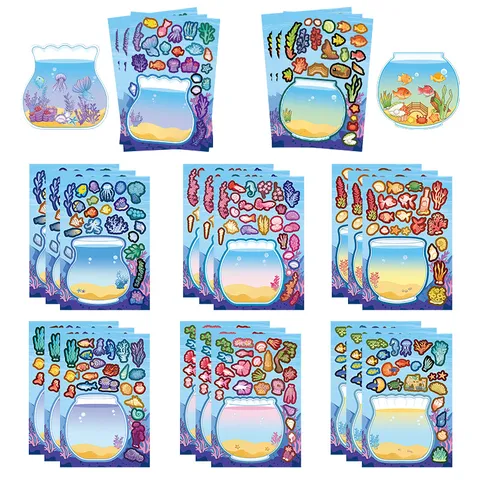 Kids Creative DIY Fish Tank Puzzle Stickers Cartoon Colorful Ocean World Educational Craft Sticker Set For Children Gift