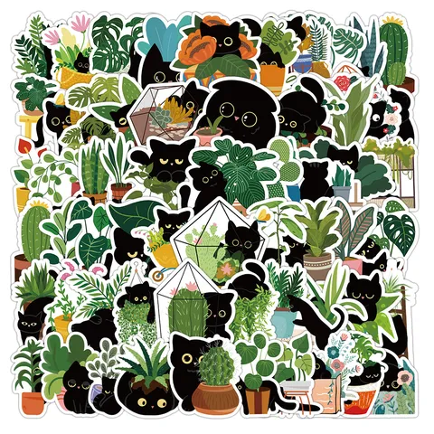 Autocollants Étanches Chat Noir et Plantes Vertes de Dessin Animé Mignons Decals en Vinyle pour Téléphone Portable Ordinateur Portable Décoration
