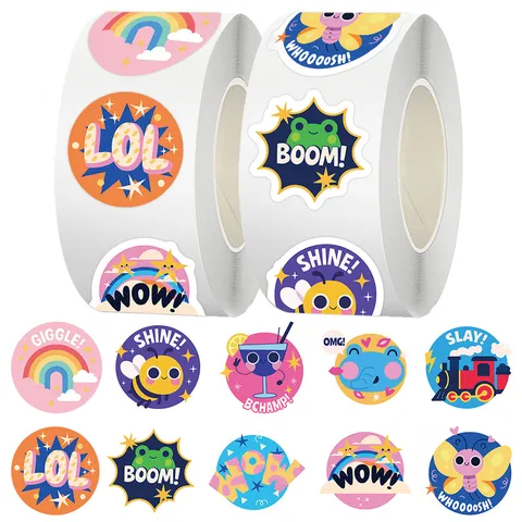 Rotolo di Adesivi di Ricompensa per Bambini Adesivi Animali Cartoni Animati Colorati Slogan Inglesi Cancelleria Scolastica Regalo