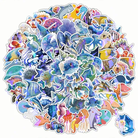 Marine Life Stickers Gold Stamping Laser Waterproof Decals Cute Ocean Animals Sticker For Kids Notebook Journal Gift