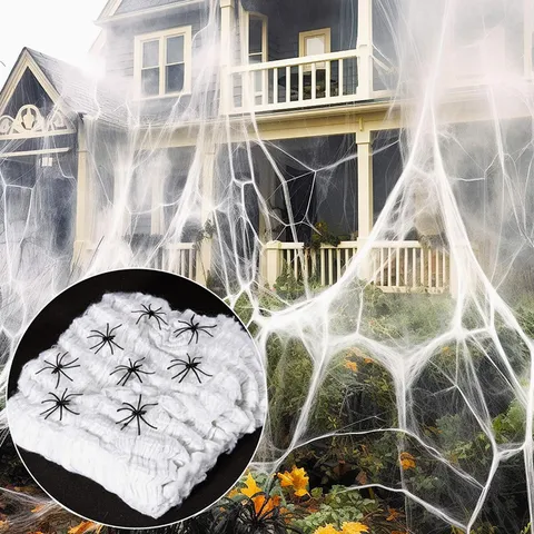 Décoration de Toile d'Araignée d'Halloween Coton Satin Artificiel Avec Araignées en Plastique Accessoires Effrayants Pour Fête Extérieur