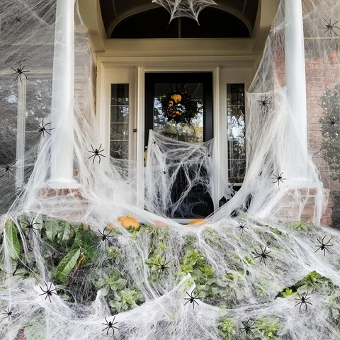 Décoration de Toile d'Araignée d'Halloween Coton Satin Artificiel Avec Araignées en Plastique Accessoires Effrayants Pour Fête Extérieur