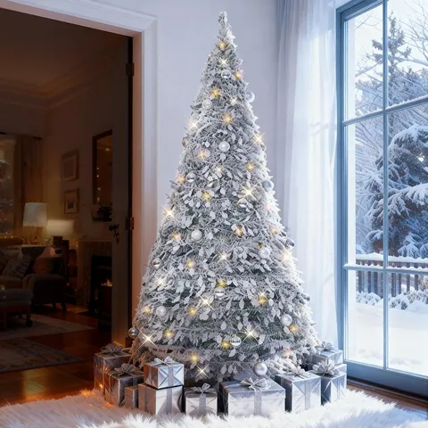 Arbre de Noël Artificiel Pliable avec Lumières et Ornements PVC Neige Flocée Décoration de Vacances