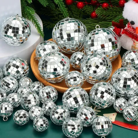 Silver Mirror Disco Ball Hanging Ornaments Glass Foam Disco Balls For Christmas Tree Party Bar Home Decor
