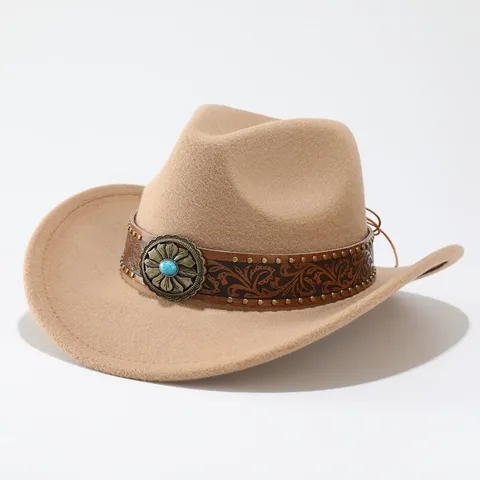 Unisex Retro Wool Felt Fedora Hat Wide Brim Cowboy Hat Ethnic Style Leather Band Jazz Cap For Outdoor Travel Adults