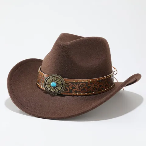 Unisex Retro Wool Felt Fedora Hat Wide Brim Cowboy Hat Ethnic Style Leather Band Jazz Cap For Outdoor Travel Adults
