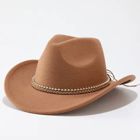 Unisex Vintage Wool Felt Cowboy Hat Fedora Hat With Chain And Tassel Men Women Wide Brim Jazz Cap Outdoor Sun Protection