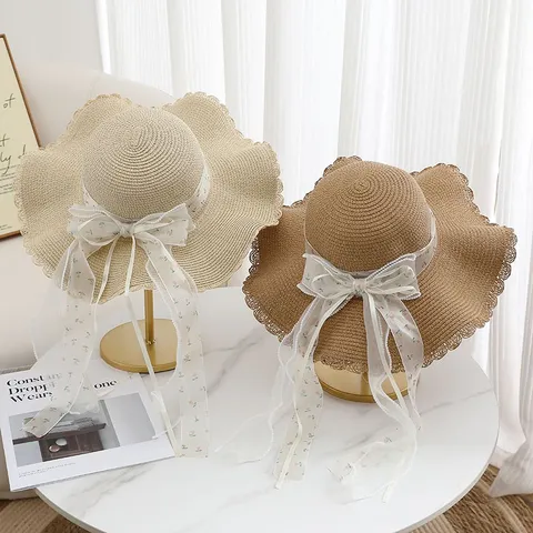 Chapeau de Paille Style Français pour Femmes Large Bord Chapeau de Soleil Avec Nœud en Dentelle pour Vacances à la Plage