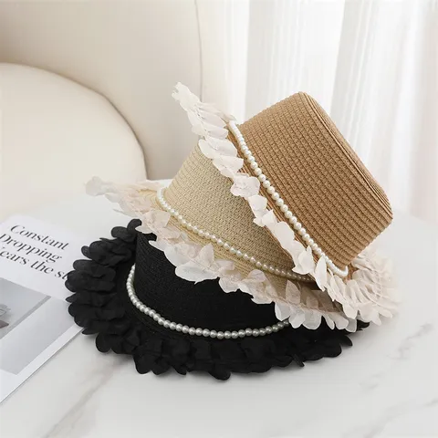 Chapeau de Paille Français pour Femmes Dessus Plat Chapeau de Sole d'Été Plage Perle Bordure en Dentelle Large Bord Élégant Chapeau de Vacances