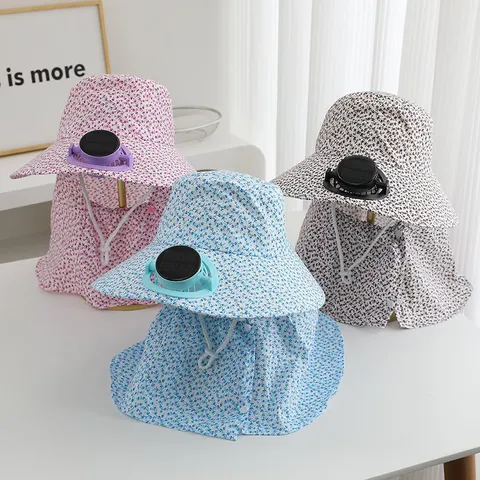 Women Floral Print Sun Hat With Solar Power Fan Neck Flap Cover UV Protection Outdoor Wide Brim Breathable Polyester Sunshade Hat