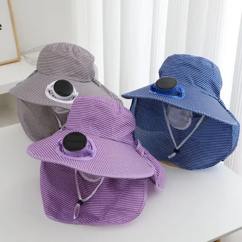 Women Striped Wide Brim Sun Hat With Solar Powered Cooling Fan Outdoor Cycling Sun Protection Neck Flap Shield Face Cover Hat