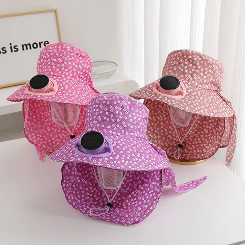 Women Floral Print Sun Protection Hat With Solar Powered USB Cooling Fan Wide Brim Full Face Neck Cover Outdoor Gardening Cycling Tea Picking Hat