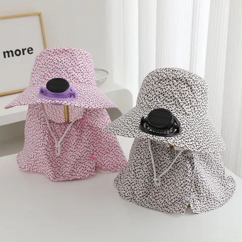 Women Floral Print Sun Hat With Solar Power Fan Neck Flap Cover UV Protection Outdoor Wide Brim Breathable Polyester Sunshade Hat