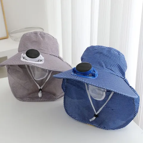 Women Striped Wide Brim Sun Hat With Solar Powered Cooling Fan Outdoor Cycling Sun Protection Neck Flap Shield Face Cover Hat