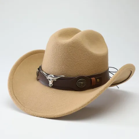 Vintage Polyester Wide Brim Western Cowboy Hat Unisex Adult Jazz Fedora Hat With Belt Metal Bull Head Decoration For Travel