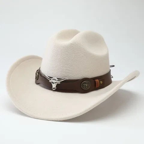Vintage Polyester Wide Brim Western Cowboy Hat Unisex Adult Jazz Fedora Hat With Belt Metal Bull Head Decoration For Travel