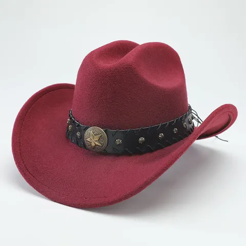 Ethnic Wide Brim Polyester Cowboy Hat Classic Western Jazz Fedora Cap With Leather Band Metal Star Buckle Outdoor Sunshade Hats For Adults