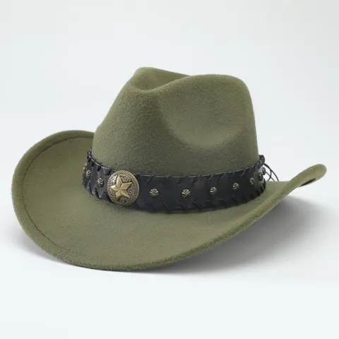 Cappello da Cowboy Occidentale Americano a Tesa Curva Fedora a Tesa Larga Cappello di Feltro Jazz Con Cintura di Pelle Stella Di Metallo