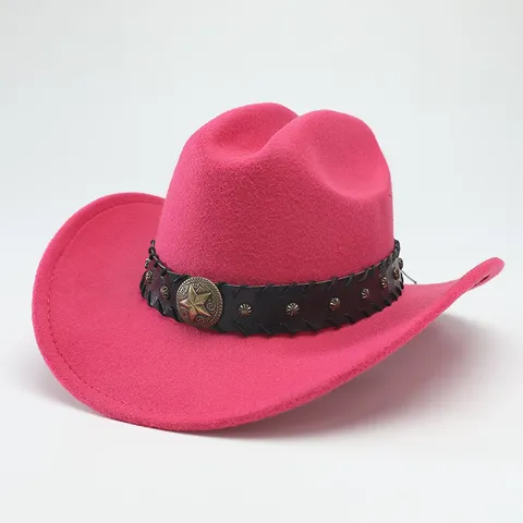 Ethnic Wide Brim Polyester Cowboy Hat Classic Western Jazz Fedora Cap With Leather Band Metal Star Buckle Outdoor Sunshade Hats For Adults