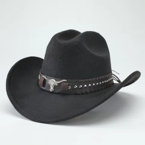 Cappello da Cowboy Retrò in Poliestere Per Uomo Donna Tesa Curva Cappello di Feltro Testa di Toro Rivetti Cappello da Jazz a Tesa Larga Parasole Cappello Casual Caldo da Esterno