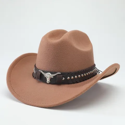 Cappello da Cowboy Retrò in Poliestere Per Uomo Donna Tesa Curva Cappello di Feltro Testa di Toro Rivetti Cappello da Jazz a Tesa Larga Parasole Cappello Casual Caldo da Esterno