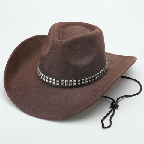 Vintage Suède Cowboyhoed Voor Heren Dames Casual Brede Rand Fedora Jazz Hoed Met Klinknagels Band Verstelbaar Winddicht Touw Outdoor Zonnescherm