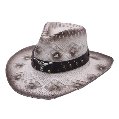 Chapeau de Paille Cowboy Occidental pour Hommes Femmes Large Bord Ajouré Protection Solaire Chapeau de Soleil de Plage avec Bandeau Similicuir Tête de Taureau