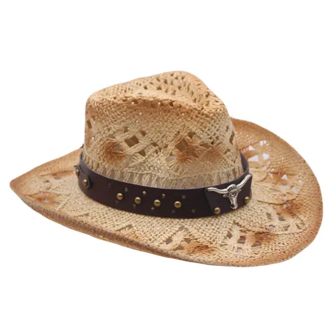 Chapeau de Paille Cowboy Occidental pour Hommes Femmes Large Bord Ajouré Protection Solaire Chapeau de Soleil de Plage avec Bandeau Similicuir Tête de Taureau