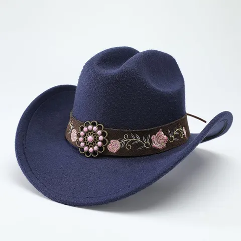 Ethno Breite Krempe Western Cowboyhut Mit Bedrucktem Blumenband Metallschnalle Vintage Jazz Fedora Hut Für Herren Damen
