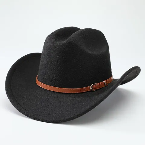 Cappello da Jazz Western Cowboy per Donna Uomo Ala Larga Curvo Fedora Cappello in Feltro di Poliestere Cappello del Sole All'aperto Viaggio Casual Moda Retro Con Fibbia della Cintura Decor