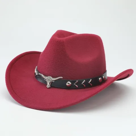 Chapeau de Cowboy Occidental Vintage en Poliestere pour Homme Femme Grand Bord Calotte Conique Chapeau de Jazz Avec Bande en Cuir Décoration Tête de Taureau en Métal Tenue Quotidienne Voyage Accessoires