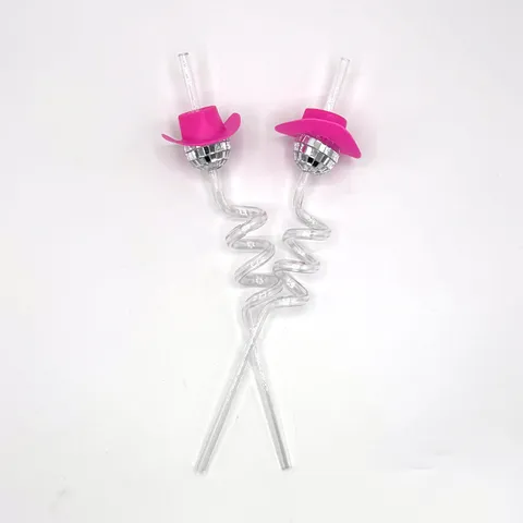 Disco Ball Straws With Mini Pink Cowboy Hat Mirror Reflective Straw Plastic Creative Drinking Straws For Christmas Birthday Party Bar Club Decoration