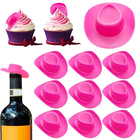 Mini Cappello da Cowboy Rosa in Plastica Piccoli Cappelli da Cowgirl per Decorazione di Festa Paglia Decorazione Bottiglia di Vino Accessori per Bambole