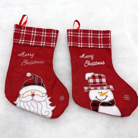 Large Christmas Stocking Santa Claus Snowman Pattern Embroidery Red Polyester Checkered Cuff Christmas Socks Hanging Ornament Gift Bag