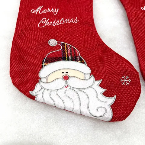 Large Christmas Stocking Santa Claus Snowman Pattern Embroidery Red Polyester Checkered Cuff Christmas Socks Hanging Ornament Gift Bag