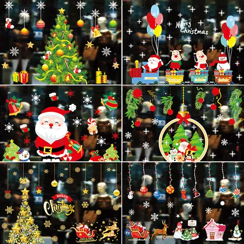Christmas Window Stickers Static Cling Decals Santa Claus Snowman Christmas Tree Glass Door Window Festive Home Decorations