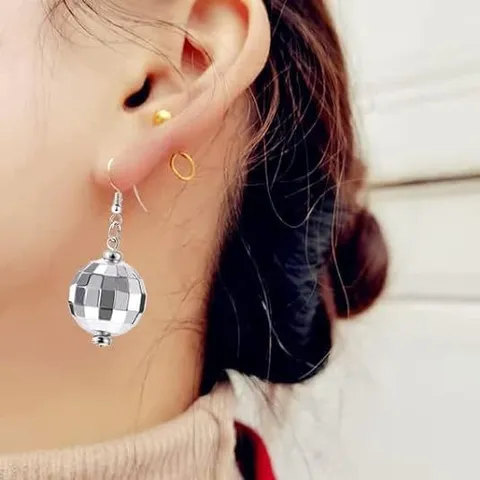 Retro 70s Disco Ball Mirror Dangle Earrings For Women Silver Tone Sparkling Reflective Party Club Jewelry Accessory Gift